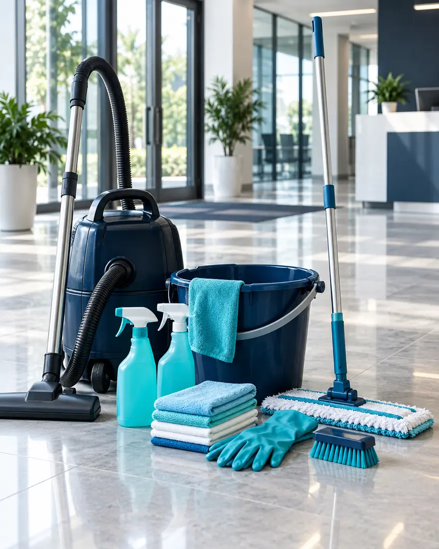 Aspirateur professionnel, seau, vaporisateurs et chiffons prêts pour un entretien ménager commercial